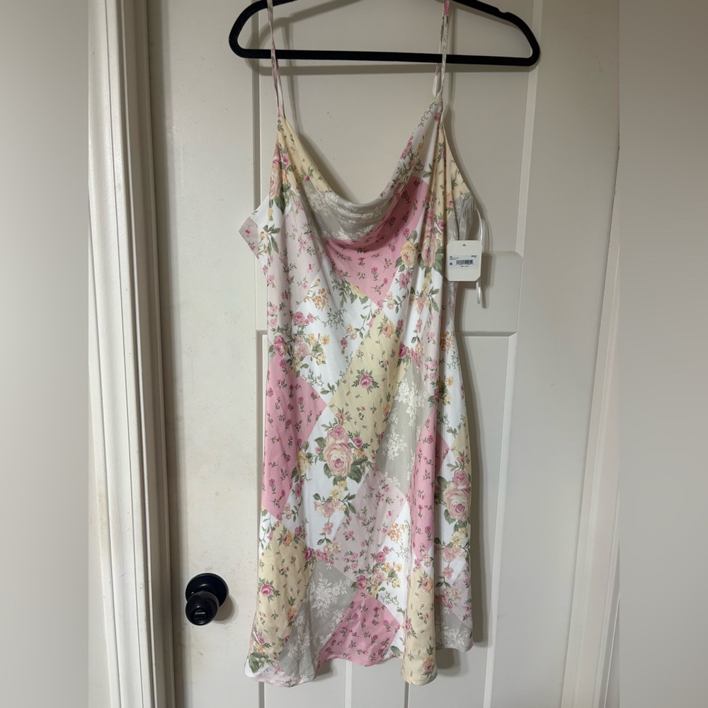 Altar’d State Floral Patchwork Satin Slip Dress - Pink & Cream